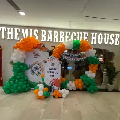A full view of the Republic Day balloon arch and backdrop I created for a corporate client. The setup includes a large, freestanding photo backdrop and a welcoming arch, perfect for entrances.