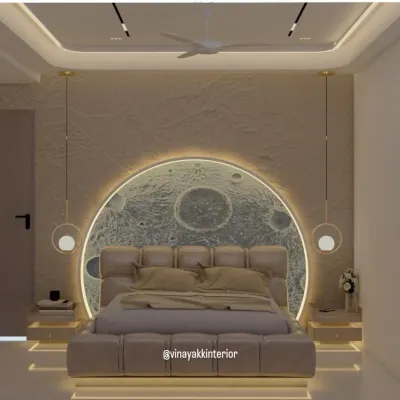 This lunar-inspired bedroom is where dreams take flight. I designed this space to be an escape, using a custom-made, backlit moon headboard to create a celestial glow. The floating bed and nightstands add to the feeling of weightlessness, making it a truly unique and modern sanctuary.