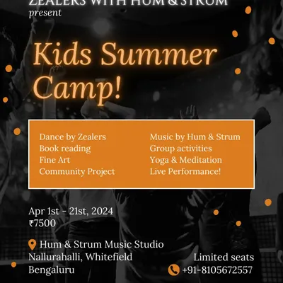 Our summer camp is designed to be an all-in-one creative workshop for kids. This flyer shows the mix of activities we offer, from dance and music to book reading and group projects.