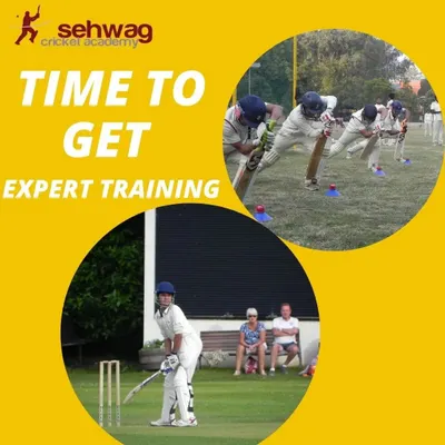 It's time to get expert training. This graphic showcases scenes from our academy and invites aspiring cricketers to join our programs at various centers across Delhi.
