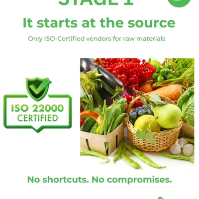 Our quality process begins at the source. We partner exclusively with ISO-certified vendors for all our raw materials, like these fresh fruits and vegetables, ensuring no shortcuts or compromises on ingredient quality.