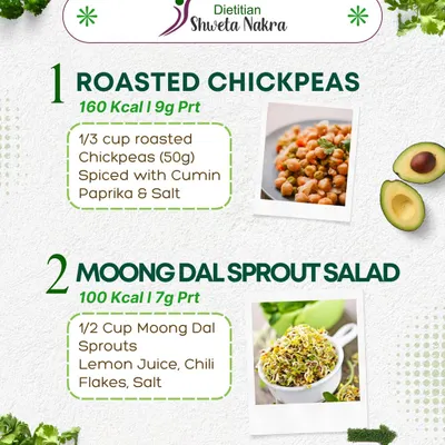 Smart snacking is key to weight management. Roasted chickpeas (160 kcal) and moong dal sprout salad (100 kcal) are two excellent high-protein options to keep you full and energized.