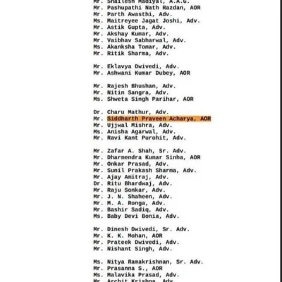 My name listed in the Supreme Court's record of proceedings for the Article 370 case. It was a privilege to be an Advocate on Record in a matter of such profound constitutional and national significance.