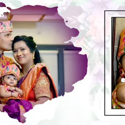 Here is a sample page from a custom-designed album for a naming ceremony. I arrange your best photos into a beautiful layout to create a lasting storybook of your special day.