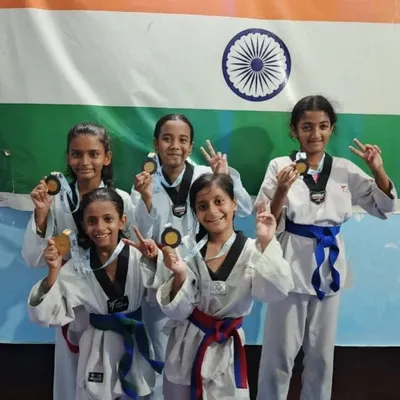My winning team of girls from the Taekwondo Asmita Khelo India women's league 2025, proudly displaying their hard-earned medals.