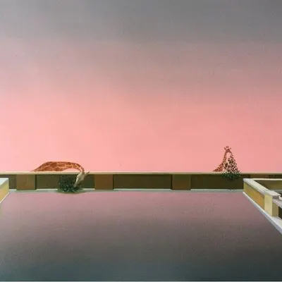 Suchendra P.'s paintings are subtly rendered and deeply contemplative. This piece, with its unexpected giraffes in a minimalist architectural setting, depicts the conflicted and often surreal interaction between human structures and nature. (Also appears as ID 37)