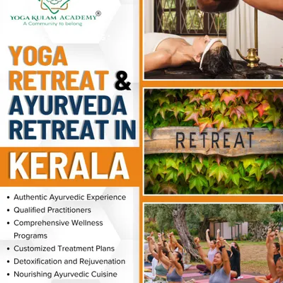 A visual summary of our Yoga and Ayurveda Retreats in Kerala. This poster highlights the authentic Ayurvedic experience, from Shirodhara therapy to outdoor yoga sessions.