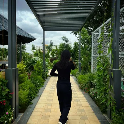 A modern pergola creates a shaded walkway at Serene Exotica, with its clean lines guiding movement while framing views of the lush gardens on either side.