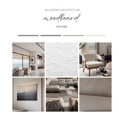 A mood board for a "Japandi" style interior, one of our signature aesthetics. It showcases a palette of serene neutrals, natural wood textures, and minimalist furniture, reflecting a blend of Japanese and Scandinavian design principles.