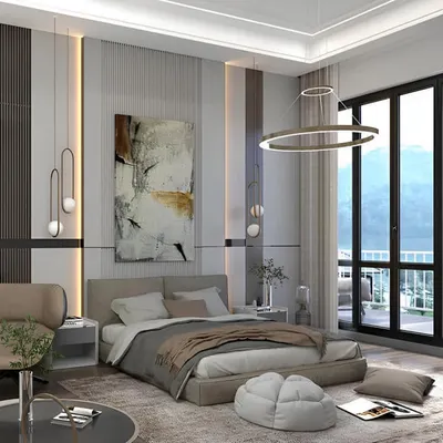 My design philosophy of creating calm and beautiful spaces extends indoors. This contemporary bedroom design uses a neutral color palette, modern lighting, and textured wall panels to create a sophisticated and restful sanctuary.