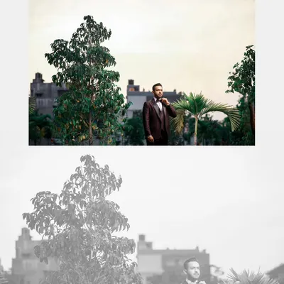 A creative diptych of the groom's portraits, using a wide shot and a black and white version to add variety.