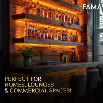 This rustic bar is all about texture and warmth. I used thick, rough-hewn wooden shelves and a matching wood-paneled wall, with hidden LED strips to cast a warm glow on the bottle collection. It feels like a high-end lodge, perfect for any home.
