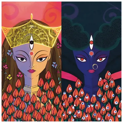 This artwork explores the duality of the divine feminine, showing both the gentle, revered form of Durga and the fierce, protective form of Kali. It’s a reminder that strength and compassion can coexist.