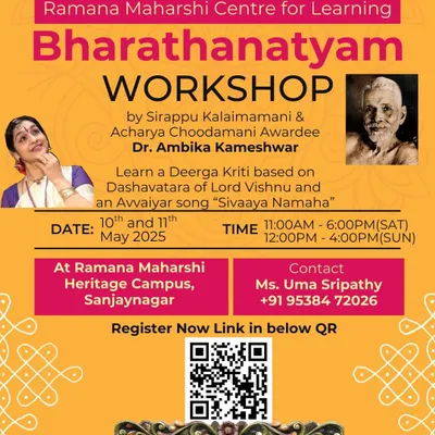 An invitation to our Bharathanatyam workshop led by an Acharya Choodamani awardee. We provide opportunities to learn rare compositions like a Deerga Kriti on Dashavatara, focusing on advanced techniques for dedicated Nritya Sadhakas.