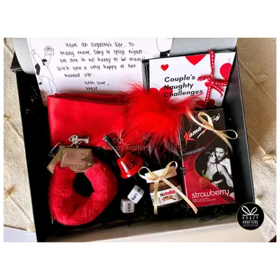 Our bestselling 'Kinky Hamper' is a fun and naughty experience in a box. It includes fluffy handcuffs, couple's challenges, and other spicy surprises.