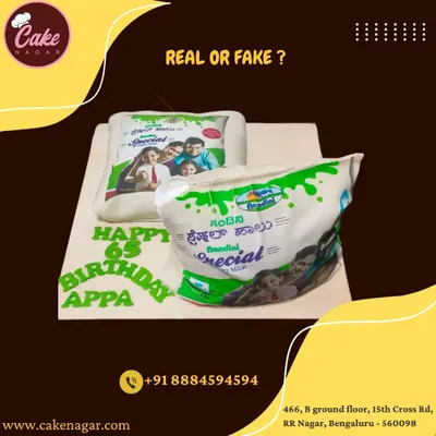 Is it real or is it cake? I had so much fun creating this hyper-realistic Nandini milk packet cake for a 65th birthday, a truly unique and local Bangalore theme.