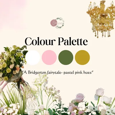 This is the color palette I created for a 'Bridgerton Fairytale' theme, focusing on pastel pink, green, white, and gold to achieve a sophisticated and romantic look.