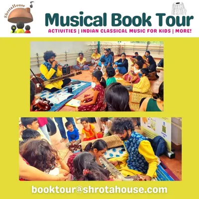 A vibrant session from our 10th Musical Book Tour stop, featuring musician Pranav Rao. The room is filled with energy as children and parents engage with the music of the sitar and surbahar.