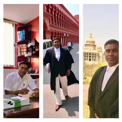 A collage showing the primary areas of my work as advocate Narayana Rao: client consultations in the office and representation in court.