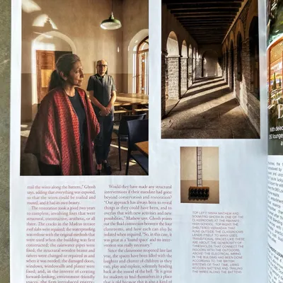 A published photo showing us inside the restored RBANM's High School classroom wing. The article details our conservation approach, which involved repairing damaged stone, using original materials, and introducing energy-efficient lighting to create a functional and inspiring learning environment.