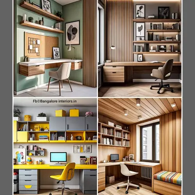 A collection of four beautiful home office setups. From minimalist floating desks to colorful and comprehensive wall units, these concepts show how to create a workspace that is both stylish and functional.