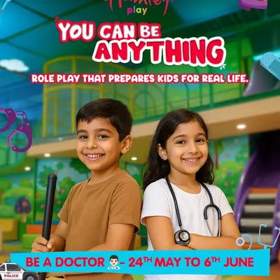 You can be anything! This poster announces our exciting role-play events where kids can dress up as doctors or join the police academy, preparing them for real life through imaginative play.