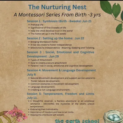 An overview of the five sessions in our Nurturing Nest series. You can join for the entire series or pick the sessions that feel most relevant to you, covering topics from the first weeks of life to language and movement development.