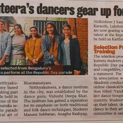 An article in the Bangalore Mirror featuring my six students who were selected for the Republic Day parade. This was a moment of immense pride for the entire Nrithyakuteera family.
