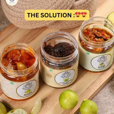 A trio of our delicious pickles: Amla, Khatta Meetha Nimbu, and Aam Achaar. Each one offers a unique flavor to solve your craving problems.