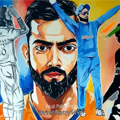 The completed wall art of Virat Kohli, a multi-pose composition with a vibrant, colorful background. This mural captures his energy and is a perfect centerpiece for any cricket enthusiast's room.