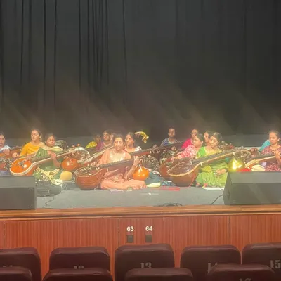 Sound check in full swing with the entire veena ensemble on stage at Chowdaiah Memorial Hall. Seeing so many veenas together, ready to create music, is always a powerful sight.