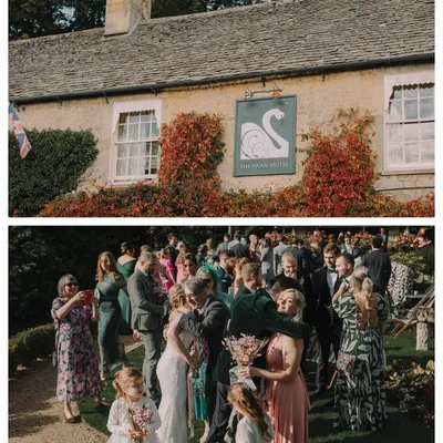 A collage showing the iconic Swan Hotel in Bibury and the joyful mingling of guests, setting the scene for a classic English garden wedding.