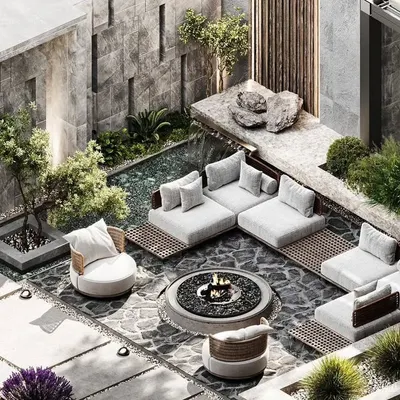 An isometric view of a modern sunken lounge concept, designed for intimate gatherings. This outdoor living space features a central fire pit, custom stone flooring, and integrated planters, all enclosed by a textured stone wall with a gentle water feature for ambient sound.