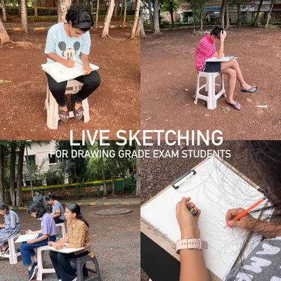 A collage from our live sketching session for drawing grade exam students. This unique outdoor experience teaches them to draw human figures in motion and observe real life environments.