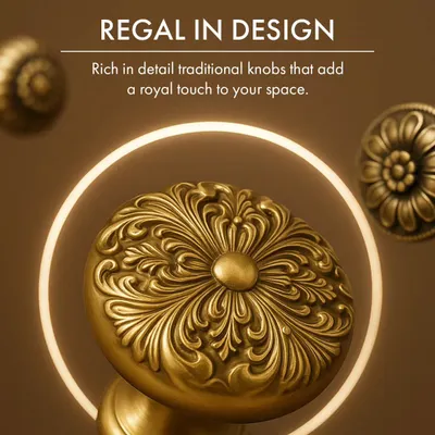 Regal in design. These richly detailed traditional knobs add a royal touch to your space, perfect for cabinets and drawers that deserve a grand finish.