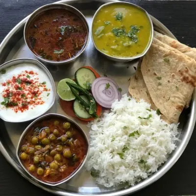 A classic North Indian thali that feels like a warm hug. This plate features matar paneer, a simple dal, another flavorful curry, fluffy rice, soft rotis, and a side of cooling curd and fresh salad.