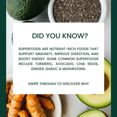 Did you know that superfoods are nutrient-rich foods that can support immunity and boost energy? We incorporate ingredients like turmeric, avocado, and chia seeds into our meals to maximize their health benefits.