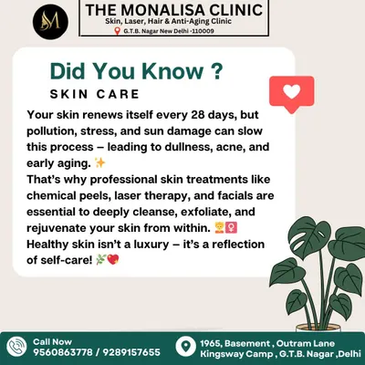Did you know your skin renews itself every 28 days? Pollution and sun damage can slow this down, which is why professional treatments like chemical peels and laser therapy are essential for rejuvenation.