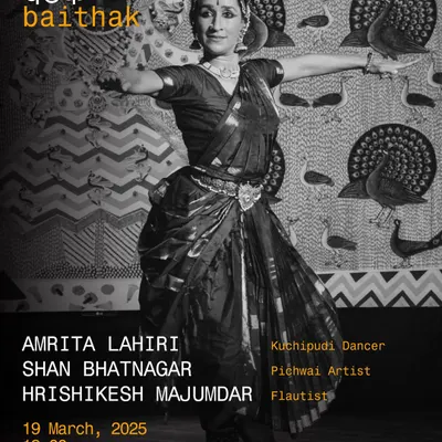 The official poster for our 'Baithak' performance of 'Call of the Flute'. This production brings together my Kuchipudi, Shan Bhatnagar's Pichwai artistry, and Hrishikesh Majumdar's flute.