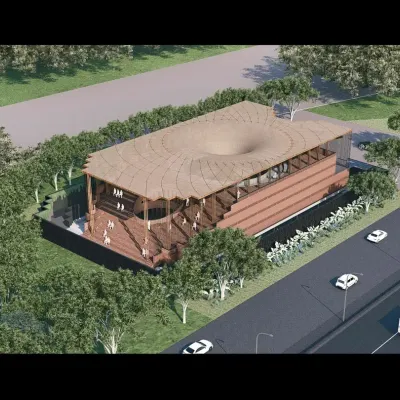 For a museum competition in Nagpur, we proposed a building as a spatial journey. This rendering shows an alternative approach with a stepped bamboo skin, representing an amphitheater and public court, creating a layered, open-ended experience.
