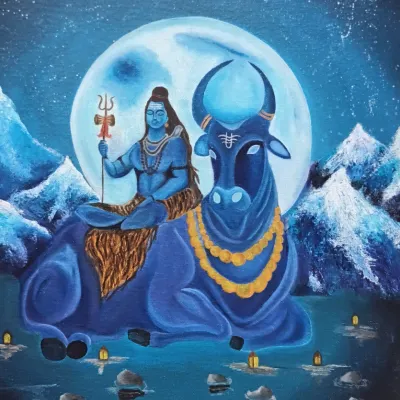 An acrylic painting on canvas of Lord Shiva and Nandi, created by my student Varsha. This piece combines spiritual themes with a vibrant, imaginative landscape.