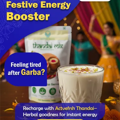 Feeling tired after Garba? This image of a refreshing glass of Thandai suggests recharging with Actvefrsh Thandai, an herbal drink that provides instant energy and vitality to keep you dancing all night.