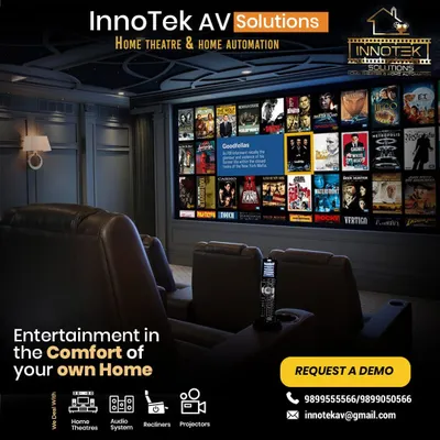 We can transform any room into a personalized entertainment hub for your family. This graphic illustrates a luxurious home cinema with comfortable seating and a user-friendly interface, showing what's possible for your own home.