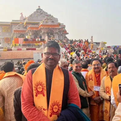 Another view from the Pran Pratishtha ceremony in Ayodhya, with the magnificent temple in the background. This day was made possible by the sacrifices of countless devotees and stands as a symbol of Dharmic revival.