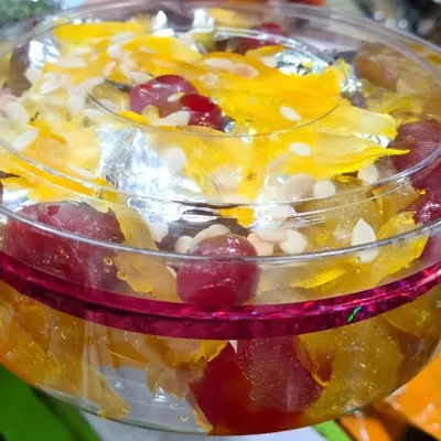 A closer look at the layers in my mixed fruit murabba. You can see the different candied fruits like mango and red berries, all packed in a clear jar that makes for a lovely presentation.