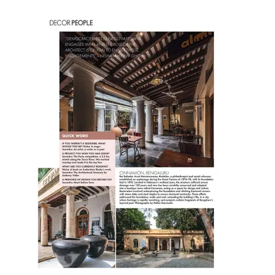 A collage from a feature on our work at the Cinnamon Store, Bangalore. It shows the exterior's preserved colonial charm and the warm, inviting interior where original pillars and a timbered ceiling create a unique atmosphere for the café and boutique.