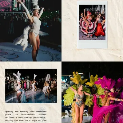 Kicking off a 25th-anniversary celebration with a bang. This collage shows international dancers in spectacular feathered costumes delivering a breathtaking performance, setting the tone for a night of luxury and glamour.