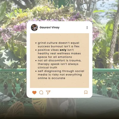 A graphic debunking wellness myths like "grind culture" and "positive vibes only," advocating for a more realistic approach to well-being.