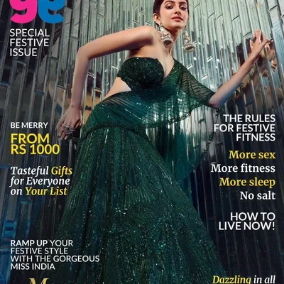 The final cover shot for G&G Magazine's festive issue, featuring Miss India Manasa Varanasi. I styled this sequined emerald green lehenga with statement jhumkas to create a look of modern opulence.