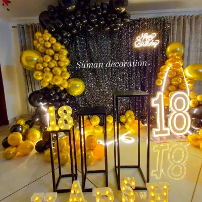 A closer look at the sophisticated black and gold 18th birthday setup. You can see the light-up marquee numbers and letters, which I can customize for any name and age.